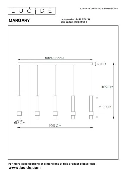 Lucide MARGARY - Pendant light - LED Dim. - 5x4,2W 2700K - Coffee - technical